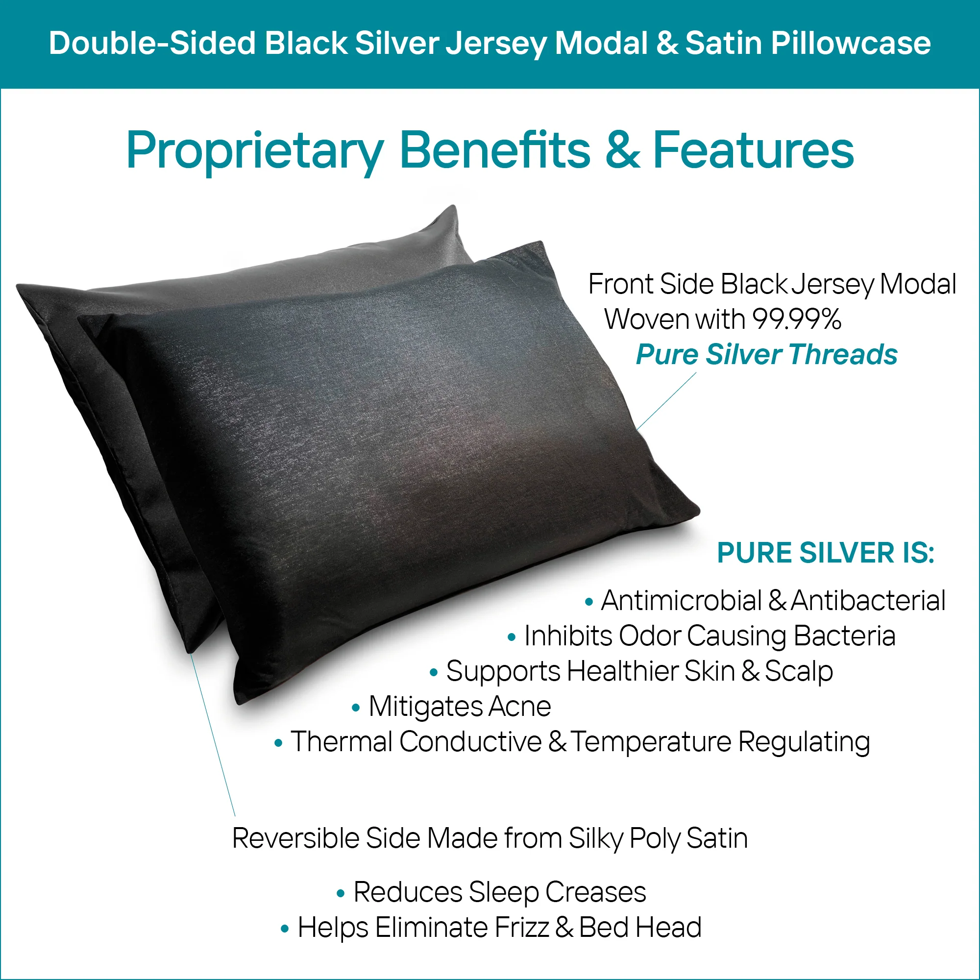 Black Silver Jersey Modal & Satin Pillowcase – Standard/Queen - Image 4